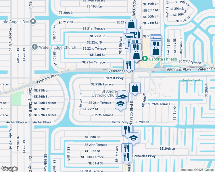 map of restaurants, bars, coffee shops, grocery stores, and more near 1408 Southeast 25th Terrace in Cape Coral
