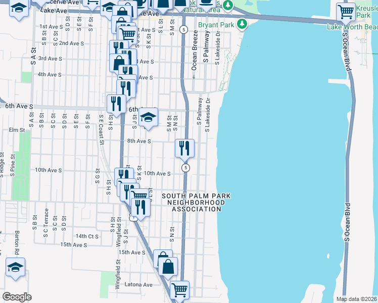 map of restaurants, bars, coffee shops, grocery stores, and more near 814 South Federal Highway in Lake Worth