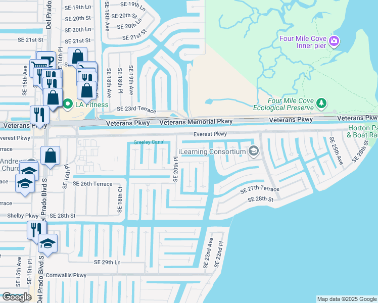 map of restaurants, bars, coffee shops, grocery stores, and more near 2108 Southeast 25th Terrace in Cape Coral