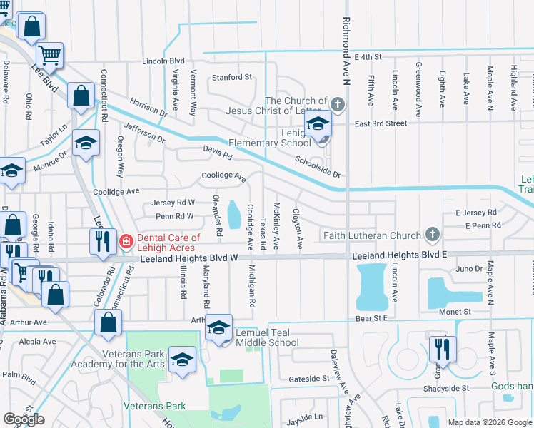 map of restaurants, bars, coffee shops, grocery stores, and more near 116 Texas Road in Lehigh Acres