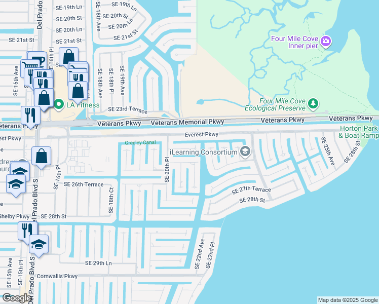 map of restaurants, bars, coffee shops, grocery stores, and more near 2108 Southeast 25th Terrace in Cape Coral