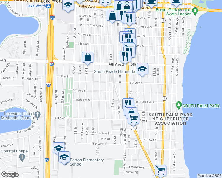 map of restaurants, bars, coffee shops, grocery stores, and more near 820 South G Street in Lake Worth