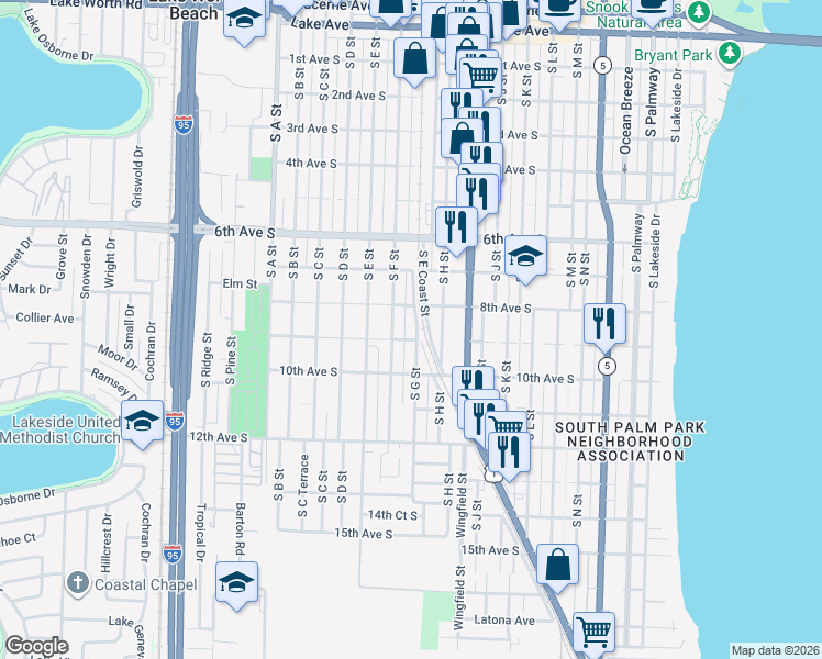map of restaurants, bars, coffee shops, grocery stores, and more near 820 South G Street in Lake Worth