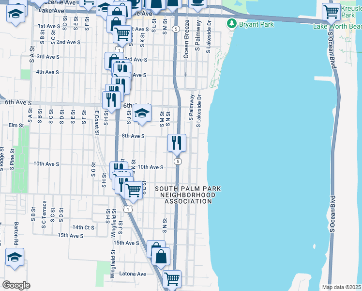 map of restaurants, bars, coffee shops, grocery stores, and more near 814 South Federal Highway in Lake Worth