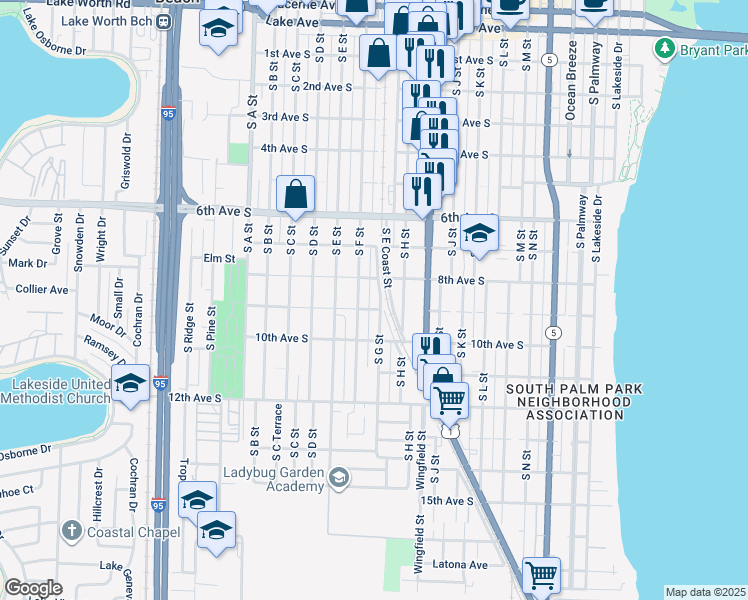 map of restaurants, bars, coffee shops, grocery stores, and more near 820 South G Street in Lake Worth