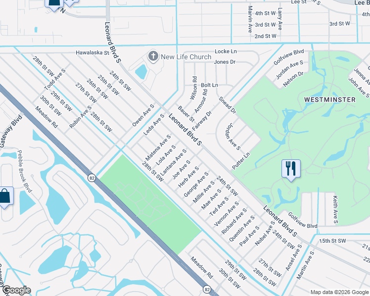 map of restaurants, bars, coffee shops, grocery stores, and more near 2405 Lola Avenue South in Lehigh Acres