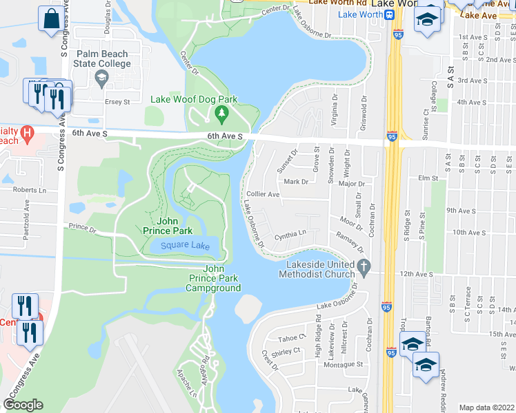 map of restaurants, bars, coffee shops, grocery stores, and more near 2802 Lake Osborne Drive in Lake Worth