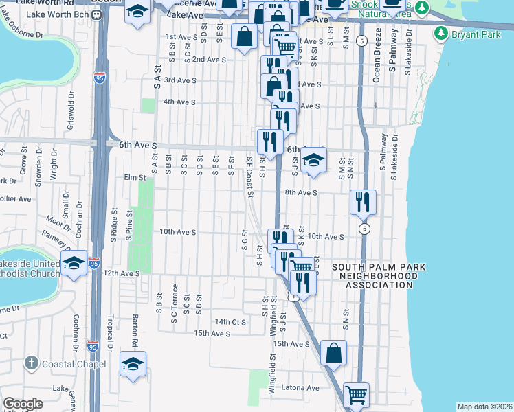 map of restaurants, bars, coffee shops, grocery stores, and more near 820 South G Street in Lake Worth