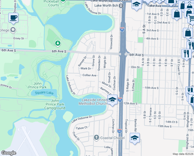 map of restaurants, bars, coffee shops, grocery stores, and more near 907 Snowden Drive in Lake Worth