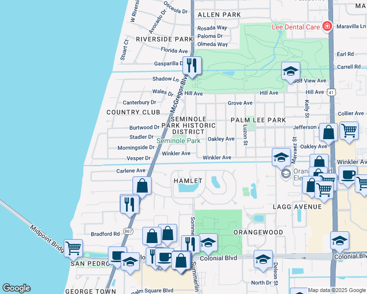 map of restaurants, bars, coffee shops, grocery stores, and more near 1430 Arthur Avenue in Fort Myers
