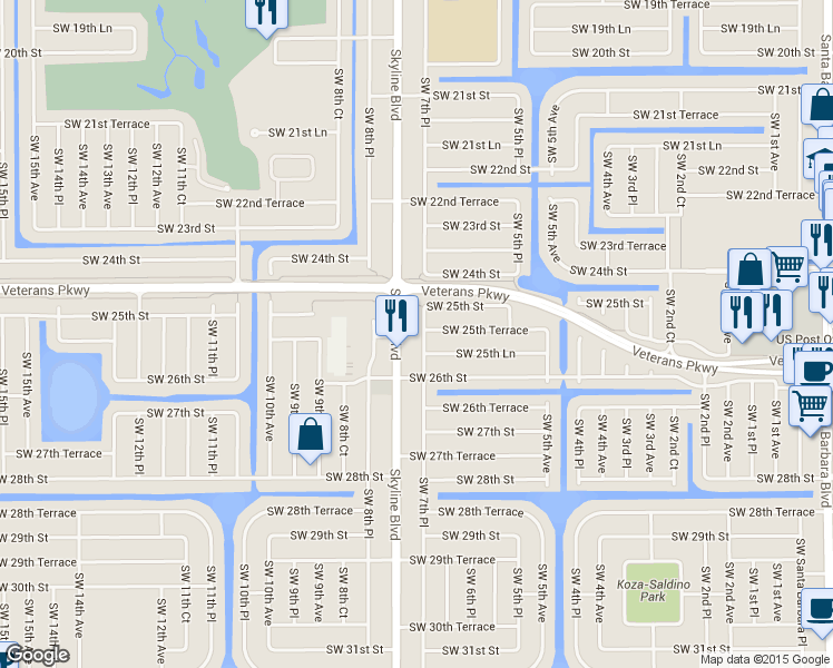 map of restaurants, bars, coffee shops, grocery stores, and more near 2516 Southwest 7th Place in Cape Coral