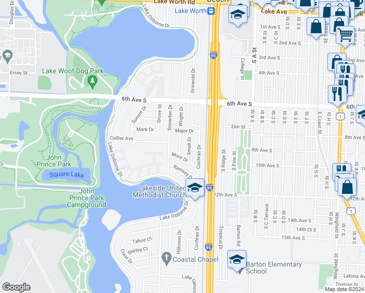map of restaurants, bars, coffee shops, grocery stores, and more near 902 Wright Drive in Lake Worth