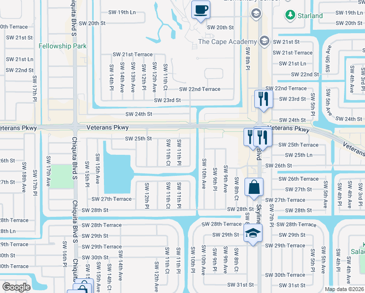 map of restaurants, bars, coffee shops, grocery stores, and more near 2517 Southwest 11th Place in Cape Coral