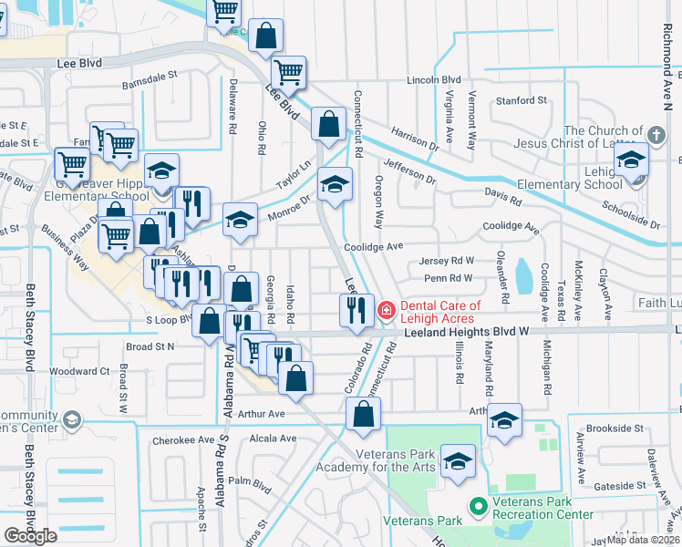 map of restaurants, bars, coffee shops, grocery stores, and more near 113 Lee Boulevard in Lehigh Acres