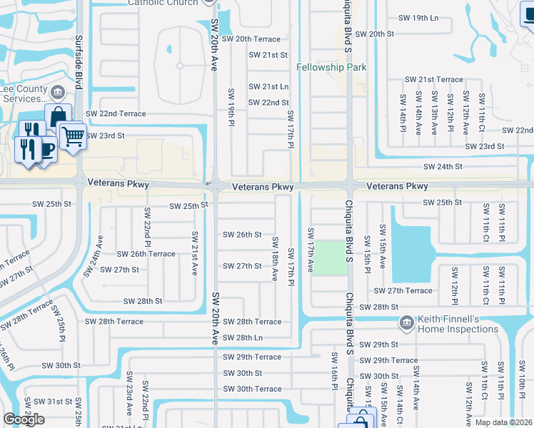 map of restaurants, bars, coffee shops, grocery stores, and more near 1813 Southwest 25th Terrace in Cape Coral