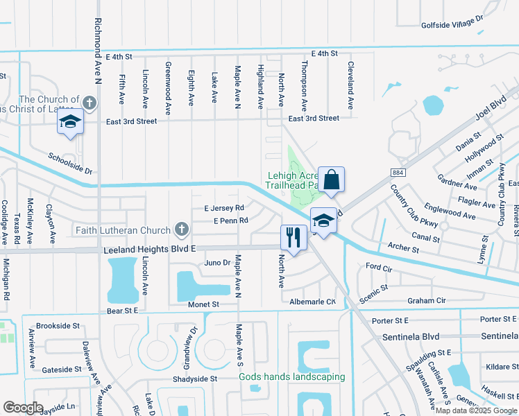 map of restaurants, bars, coffee shops, grocery stores, and more near 1104 East Jasmine Road in Lehigh Acres