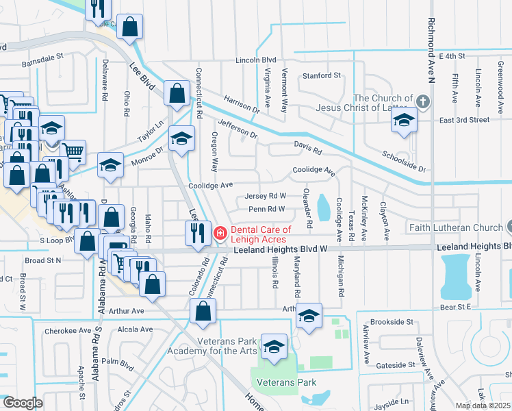 map of restaurants, bars, coffee shops, grocery stores, and more near 501 Penn Road West in Lehigh Acres