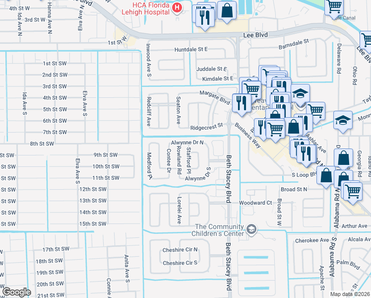 map of restaurants, bars, coffee shops, grocery stores, and more near 117 Stafford Place in Lehigh Acres