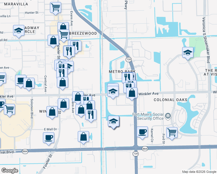map of restaurants, bars, coffee shops, grocery stores, and more near 2845 Winkler Avenue in Fort Myers