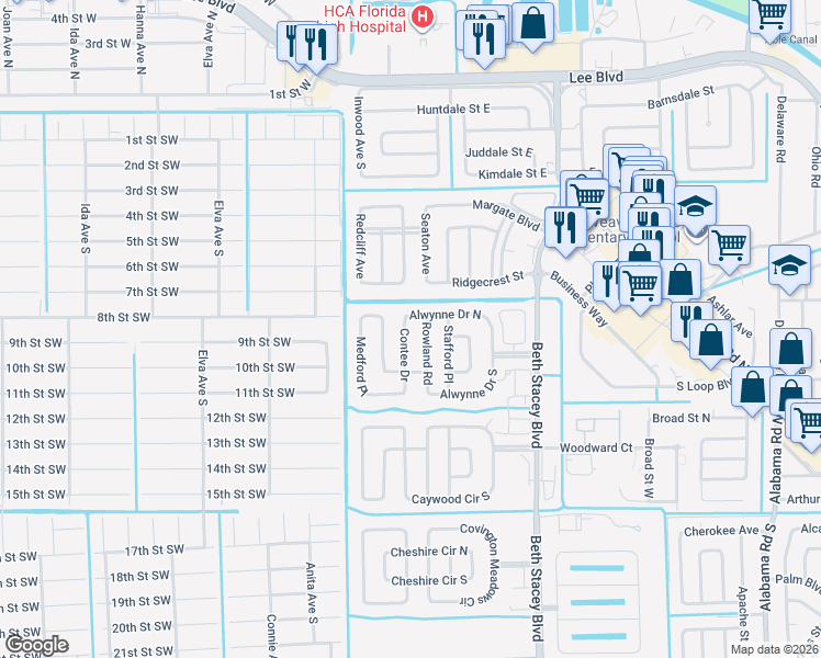 map of restaurants, bars, coffee shops, grocery stores, and more near 116 Contee Drive in Lehigh Acres