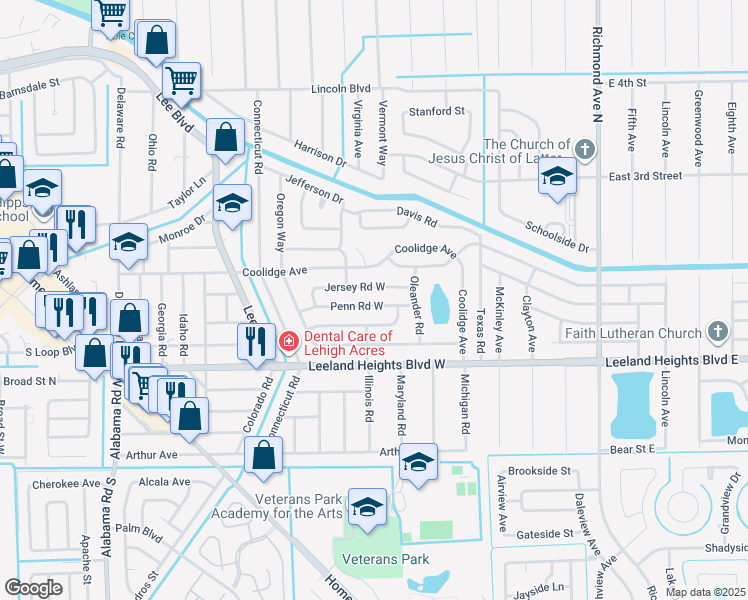 map of restaurants, bars, coffee shops, grocery stores, and more near 307 Penn Road West in Lehigh Acres