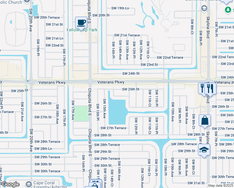 map of restaurants, bars, coffee shops, grocery stores, and more near 1325 Southwest 25th Terrace in Cape Coral