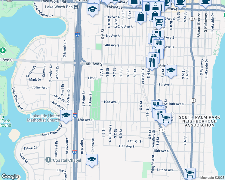 map of restaurants, bars, coffee shops, grocery stores, and more near 823 South C Street in Lake Worth Beach