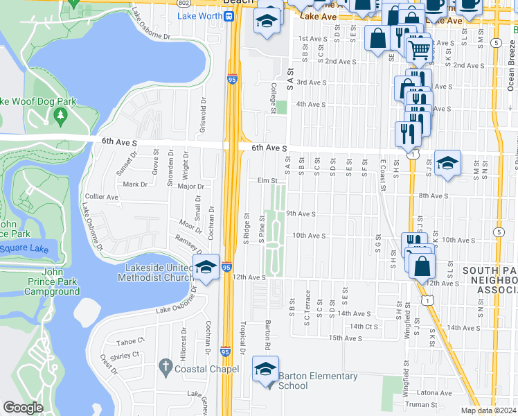 map of restaurants, bars, coffee shops, grocery stores, and more near 727 South Pine Street in Lake Worth