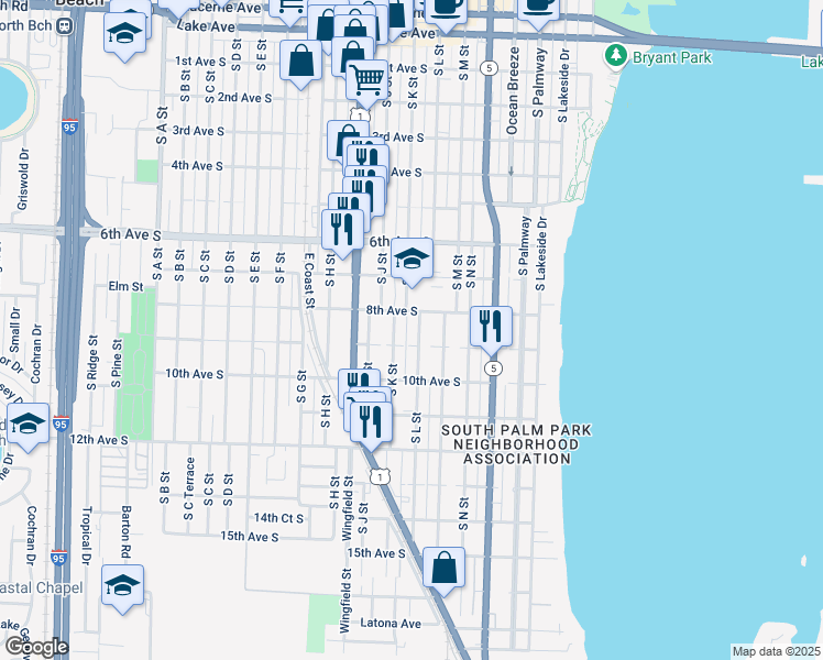 map of restaurants, bars, coffee shops, grocery stores, and more near 820 South L Street in Lake Worth