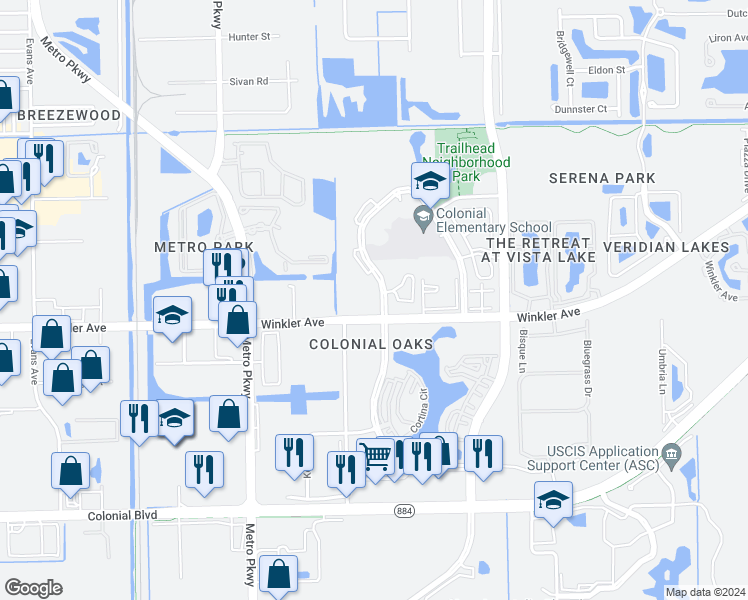 map of restaurants, bars, coffee shops, grocery stores, and more near 3301 Winkler Avenue in Fort Myers
