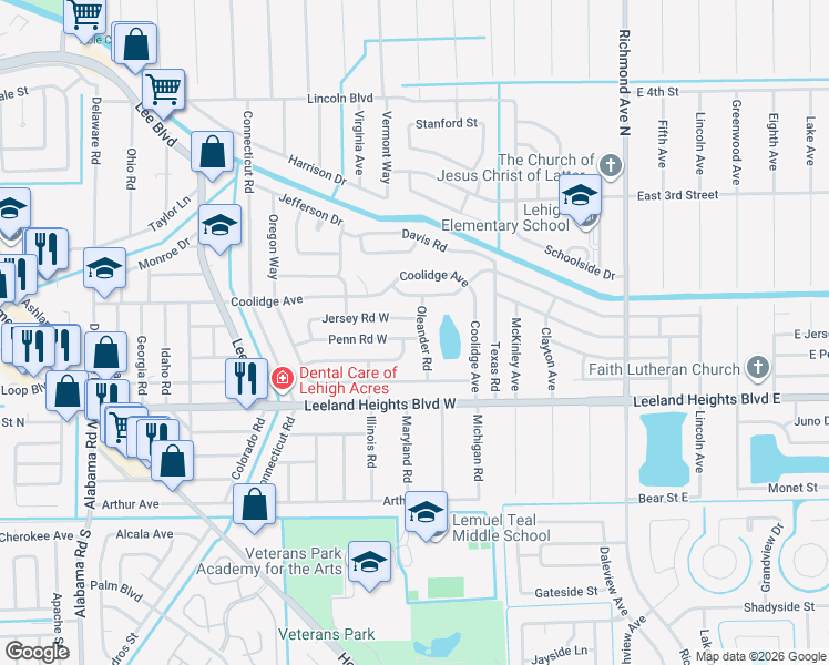 map of restaurants, bars, coffee shops, grocery stores, and more near 201 Penn Road West in Lehigh Acres