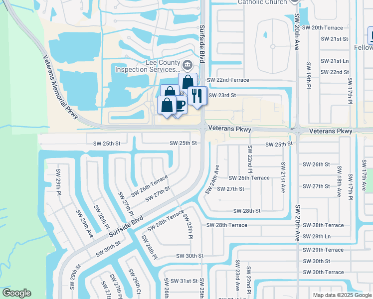 map of restaurants, bars, coffee shops, grocery stores, and more near 2506 Southwest 24th Court in Cape Coral