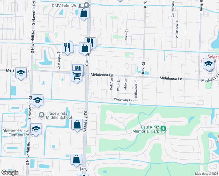 map of restaurants, bars, coffee shops, grocery stores, and more near 4865 Dell Avenue in Lake Worth