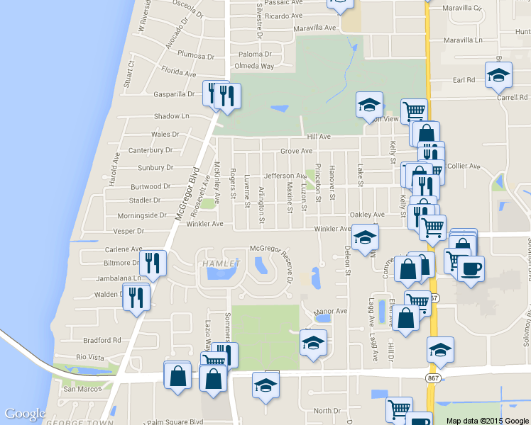 map of restaurants, bars, coffee shops, grocery stores, and more near 3919 Arlington St in Fort Myers