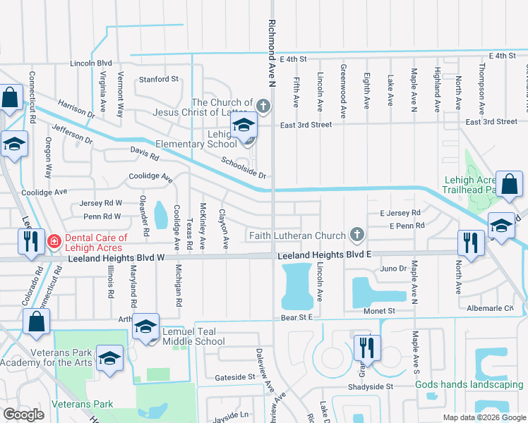 map of restaurants, bars, coffee shops, grocery stores, and more near 305 East Jersey Road in Lehigh Acres