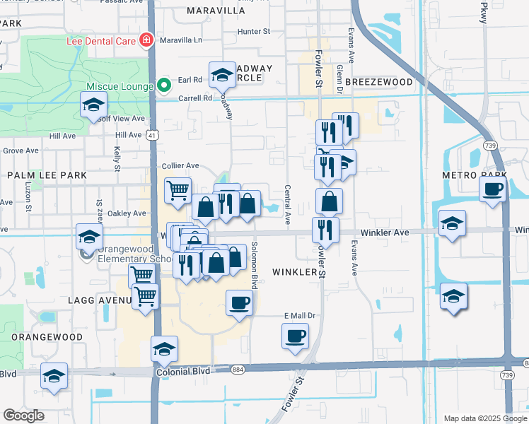 map of restaurants, bars, coffee shops, grocery stores, and more near 3910 Central Avenue in Fort Myers