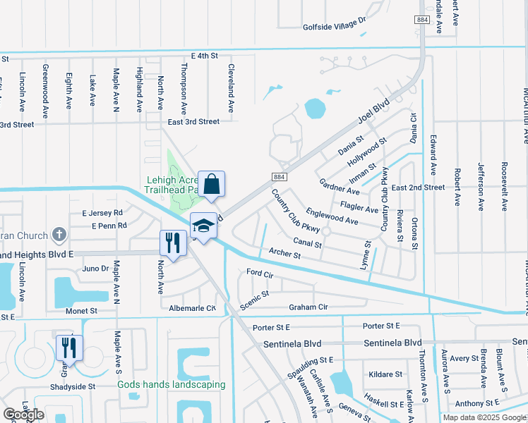 map of restaurants, bars, coffee shops, grocery stores, and more near 1501 Canal Street in Lehigh Acres