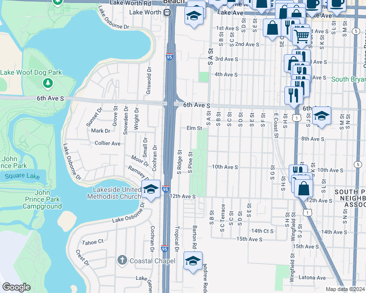 map of restaurants, bars, coffee shops, grocery stores, and more near 727 South Pine Street in Lake Worth