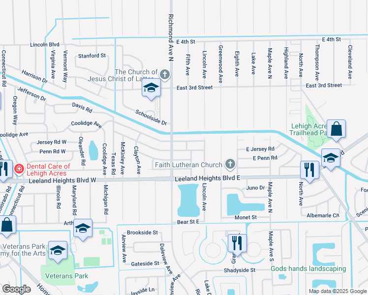 map of restaurants, bars, coffee shops, grocery stores, and more near 407 East Jersey Road in Lehigh Acres