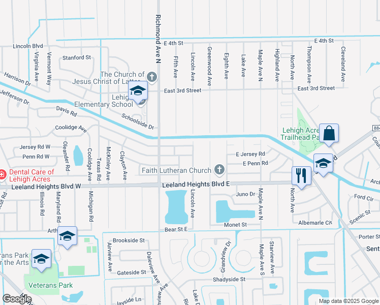 map of restaurants, bars, coffee shops, grocery stores, and more near 509 Jersey Road East in Lehigh Acres