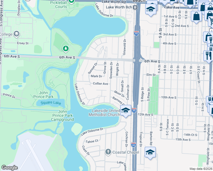 map of restaurants, bars, coffee shops, grocery stores, and more near 907 Snowden Drive in Lake Worth