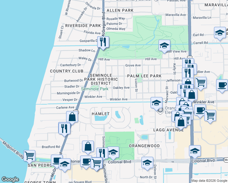 map of restaurants, bars, coffee shops, grocery stores, and more near 3919 Arlington Street in Fort Myers