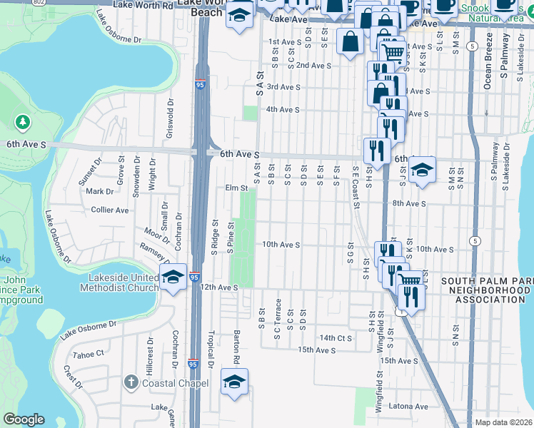 map of restaurants, bars, coffee shops, grocery stores, and more near 824 South A Street in Lake Worth