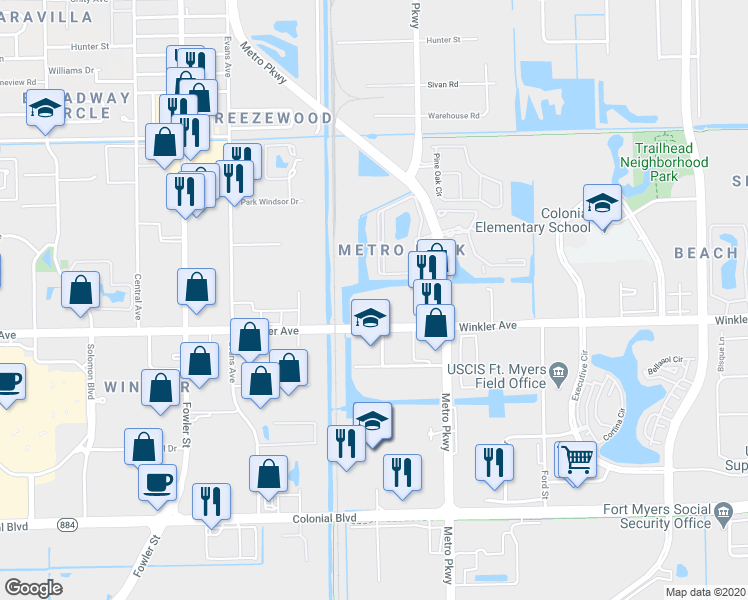 map of restaurants, bars, coffee shops, grocery stores, and more near 2825 Winkler Avenue in Fort Myers