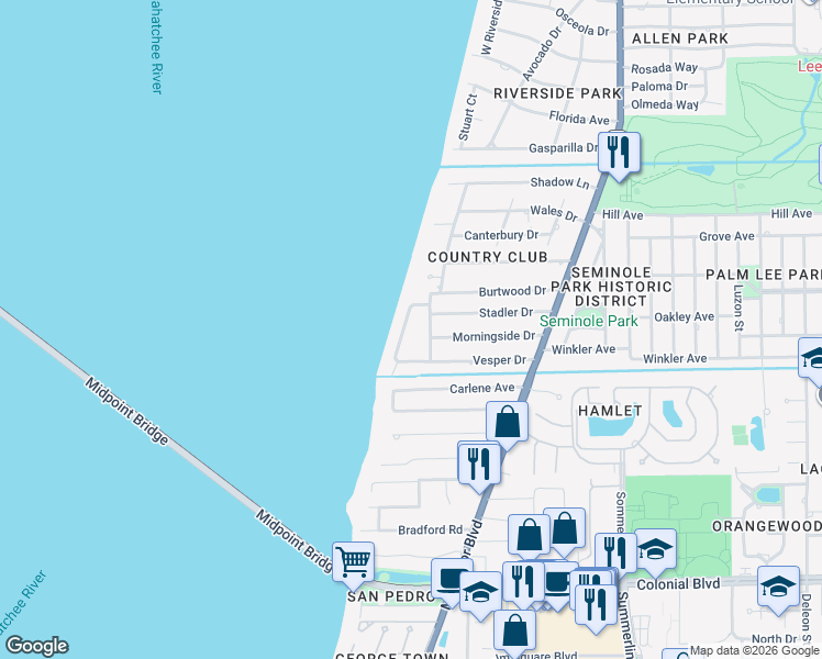map of restaurants, bars, coffee shops, grocery stores, and more near 3921 West Riverside Drive in Fort Myers