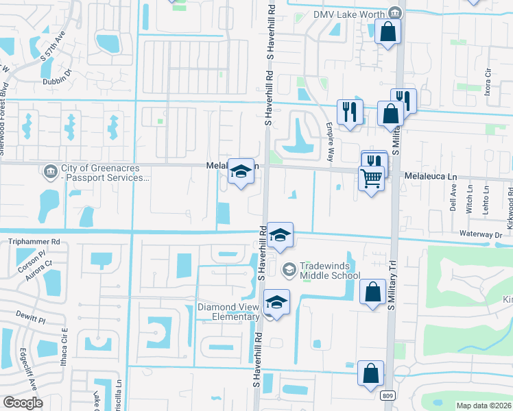 map of restaurants, bars, coffee shops, grocery stores, and more near 4899 Haverhill Road in Lake Worth