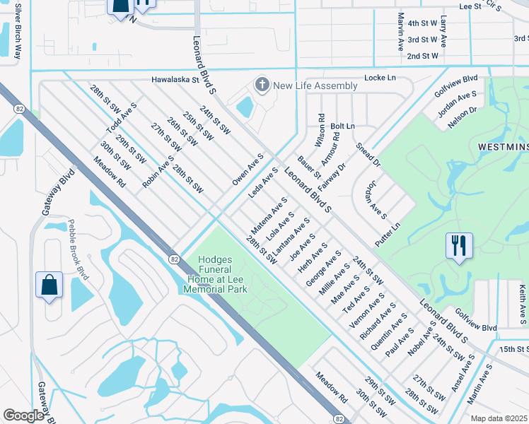 map of restaurants, bars, coffee shops, grocery stores, and more near 2505 Matena Avenue South in Lehigh Acres