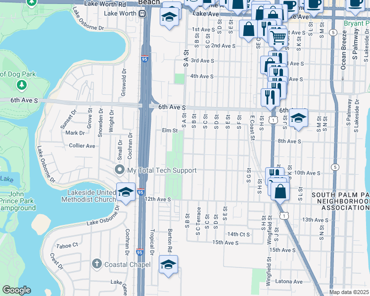 map of restaurants, bars, coffee shops, grocery stores, and more near 824 South A Street in Lake Worth