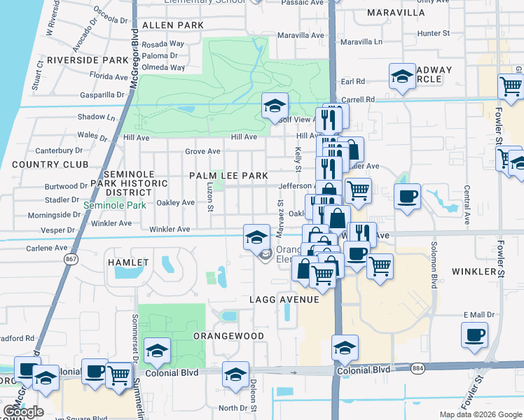 map of restaurants, bars, coffee shops, grocery stores, and more near 3853 Lake Street in Fort Myers