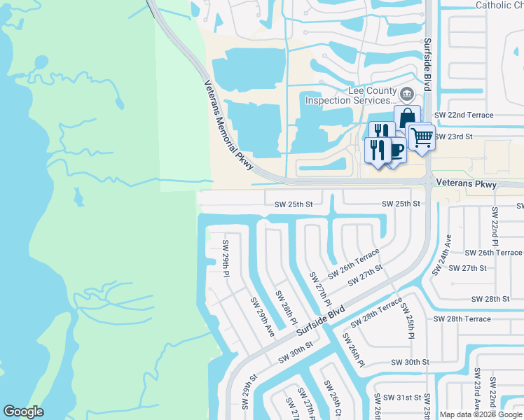 map of restaurants, bars, coffee shops, grocery stores, and more near 2814 Southwest 25th Street in Cape Coral